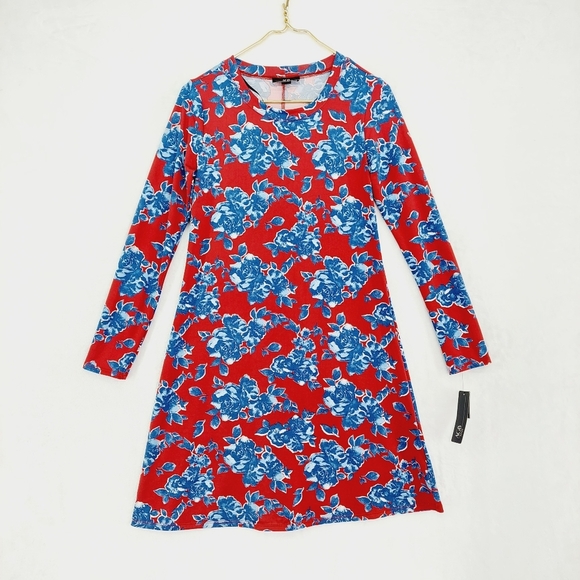 New AGB Crewneck Long Sleeve Red /Blue Floral Swing Dress P4252 - Picture 2 of 9